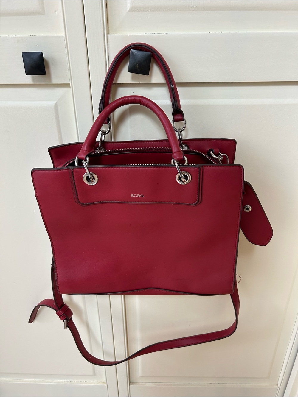 BCBG Cherry Red Leather Satchel with Removable Crossbody Strap
